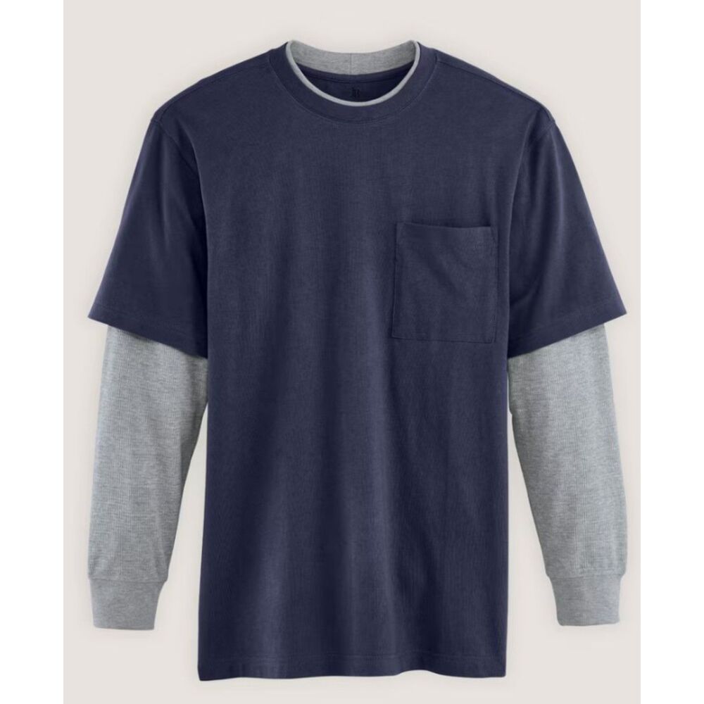 NEW Mens Sz 3XL Navy Blue Layered Look Long Sleeve Pocket Tee Shirt JOHN BLAIR
